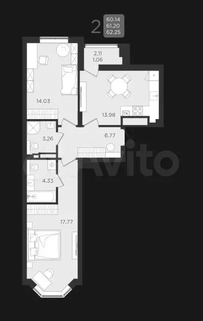 2-к. квартира, 61,5 м, 7/9 эт. - Фото 1