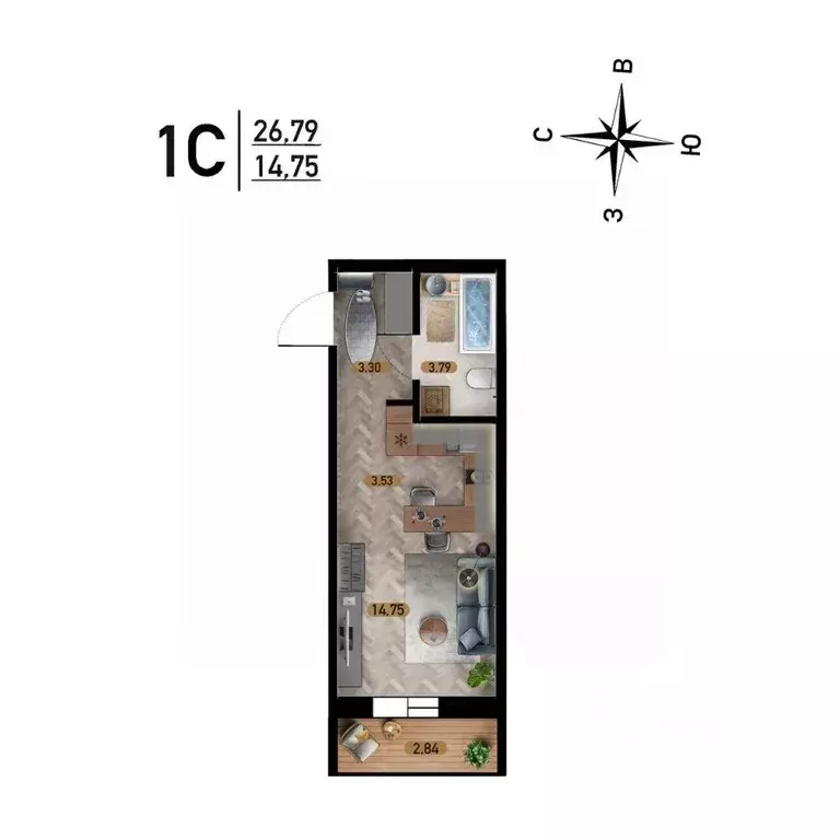 Студия Новосибирская область, Новосибирск ул. Забалуева, с10 (26.79 м) - Фото 1