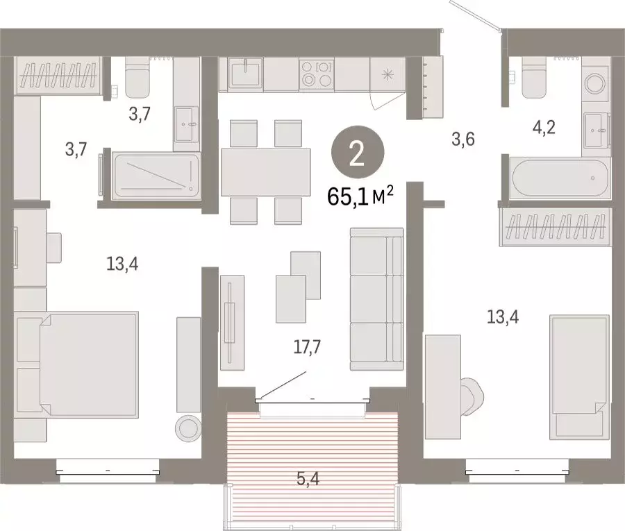 2-комнатная квартира: Тюмень, жилой комплекс На Минской (65.06 м) - Фото 1