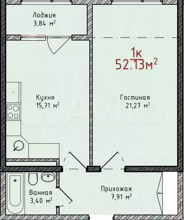 1-к. квартира, 52,1 м, 6/8 эт. - Фото 1