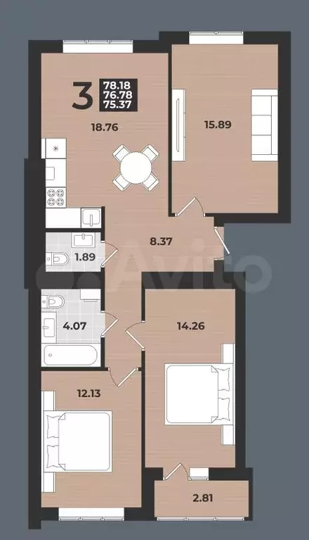 3-к. квартира, 78 м, 8/9 эт. - Фото 1