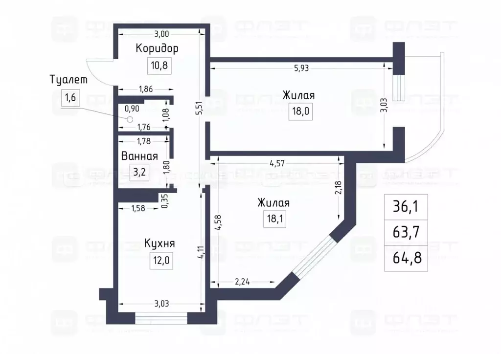 2-к кв. Татарстан, Казань ул. Академика Глушко, 39 (64.8 м) - Фото 1