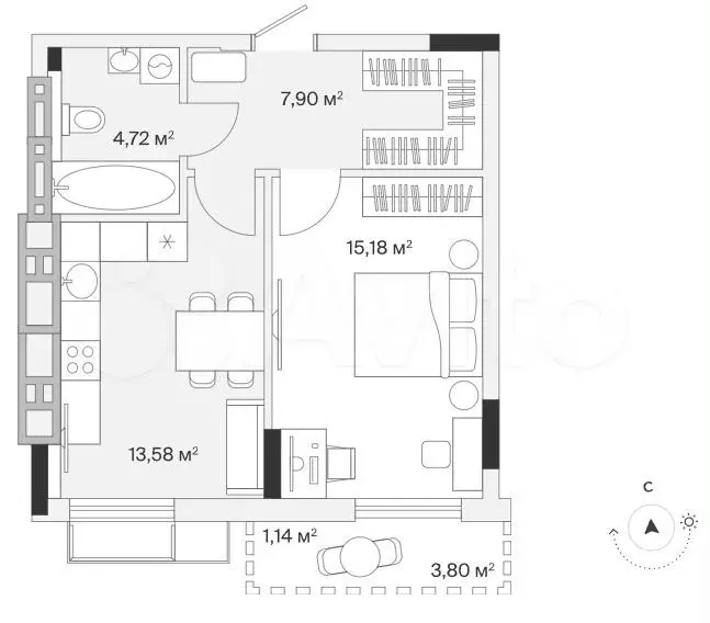 1-к. квартира, 43 м, 7/7 эт. - Фото 1