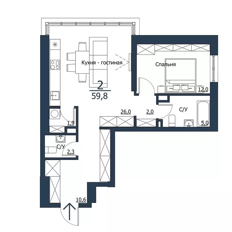 Продаётся 1-к квартира, 59.8 м - Фото 0