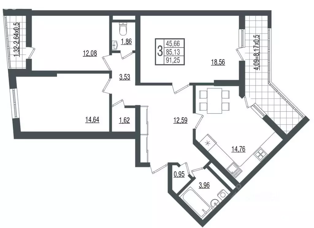 3-комнатная квартира: Краснодар, улица Красных Партизан, 4/15 (93.5 м) - Фото 0
