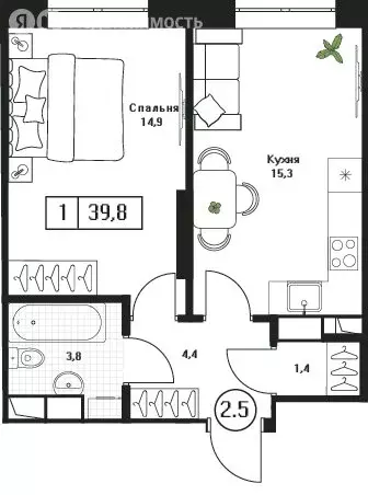 1-комнатная квартира: Пушкино, ЖК Пушкино Град (39.8 м) - Фото 1