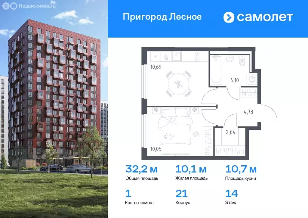 1-комнатная квартира: Мисайлово, микрорайон Пригород Лесное (32.21 м) - Фото 0