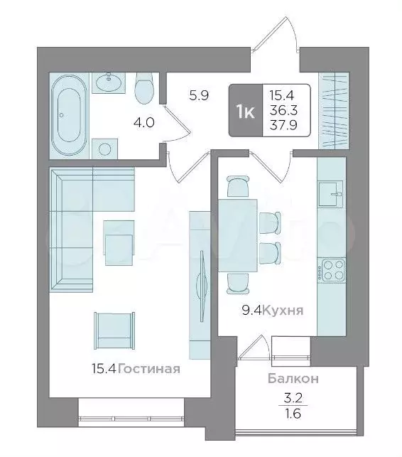 1-к. квартира, 37,9 м, 1/9 эт. - Фото 1