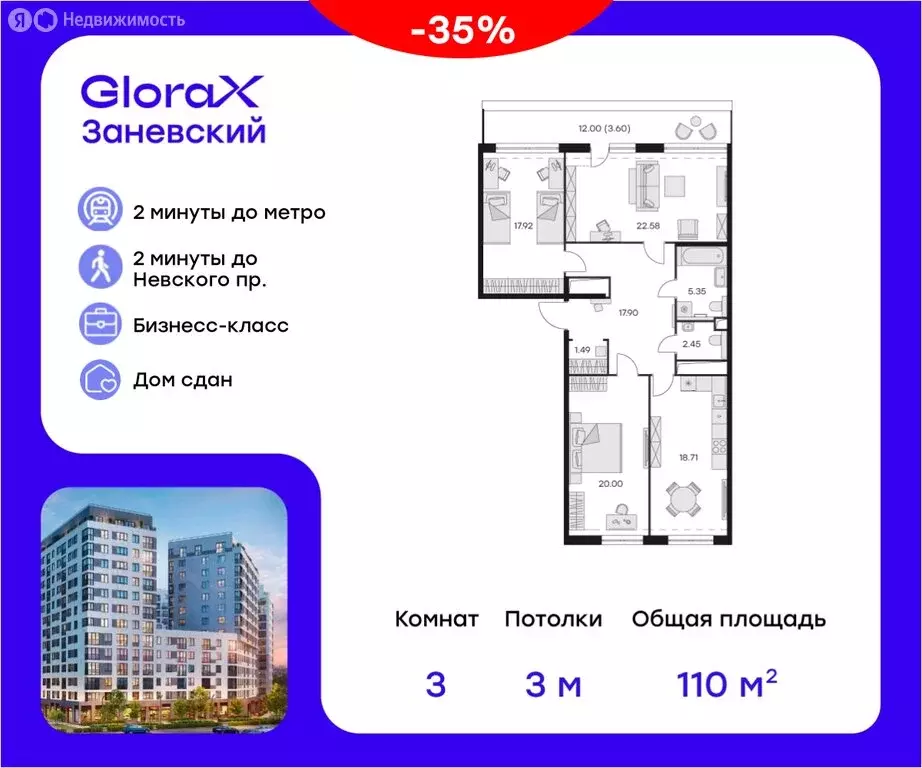 3-комнатная квартира: Санкт-Петербург, проспект Энергетиков, 2к1 ... - Фото 0