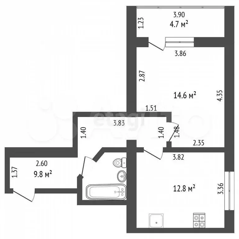 1-к. квартира, 41,7 м, 3/3 эт. - Фото 0