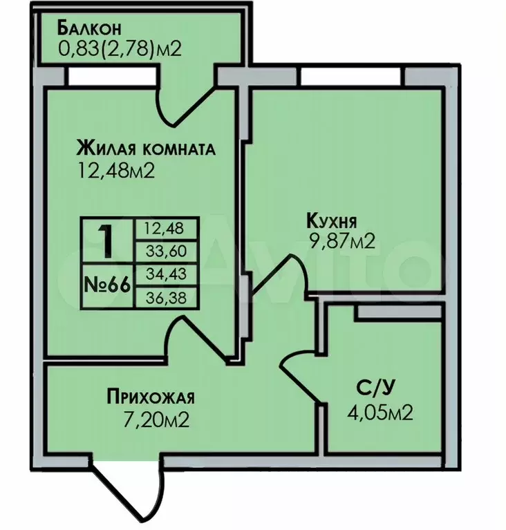 1-к. квартира, 36,4 м, 3/7 эт. - Фото 0