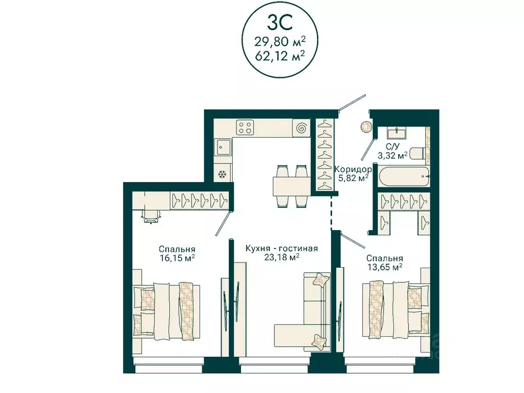 3-к кв. Башкортостан, Уфа Сердце Уфы жилой комплекс (62.12 м) - Фото 2