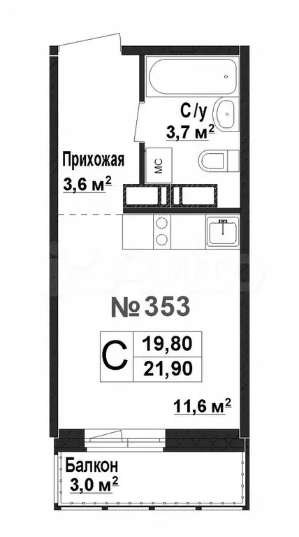 1-к. квартира, 19,8 м, 13/17 эт. - Фото 0