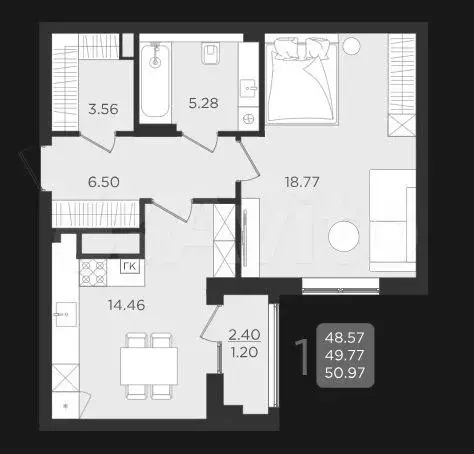 1-к. квартира, 49,8 м, 2/9 эт. - Фото 1