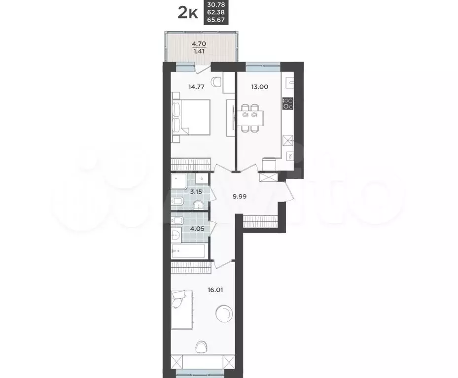 2-к. квартира, 62,4 м, 4/9 эт. - Фото 1