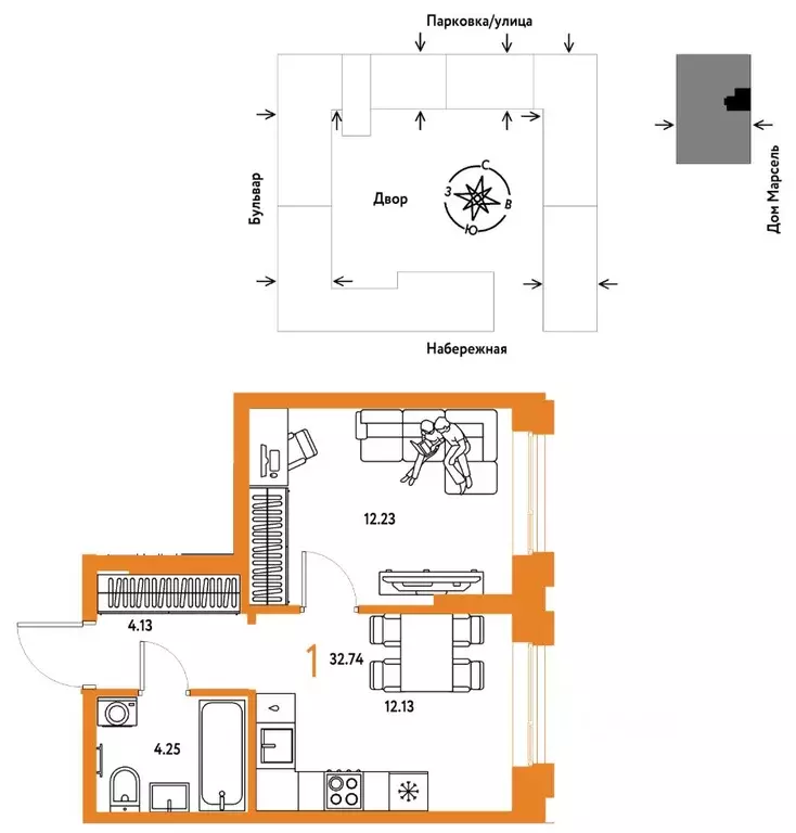 1-к кв. Тюменская область, Тюмень Береговая ул., 100к2 (32.74 м) - Фото 1