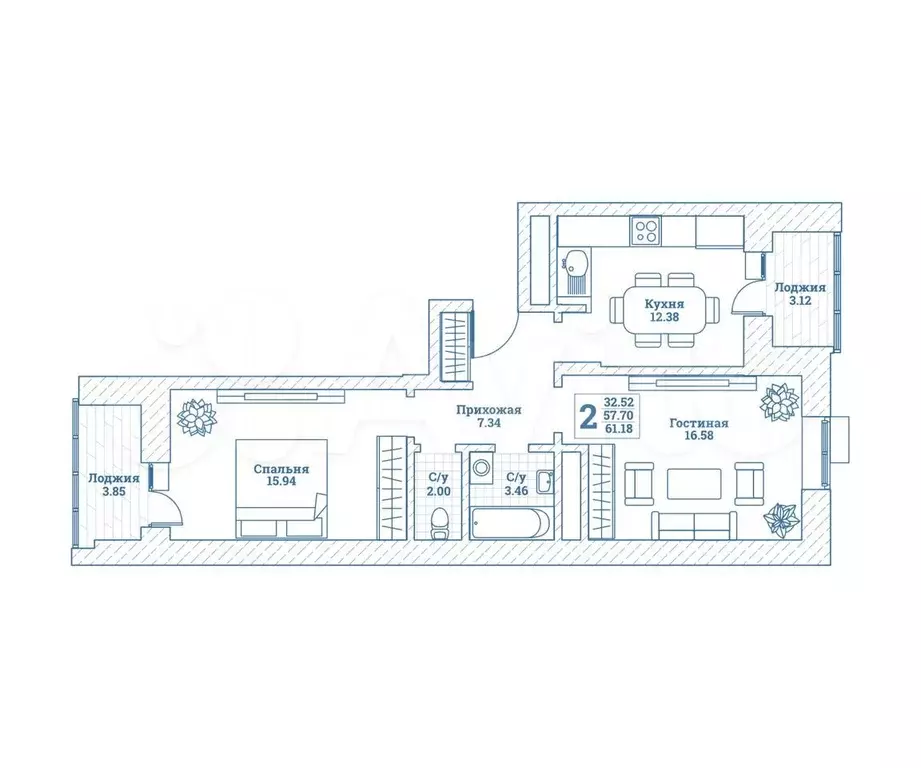 2-к. квартира, 61 м, 6/7 эт. - Фото 0