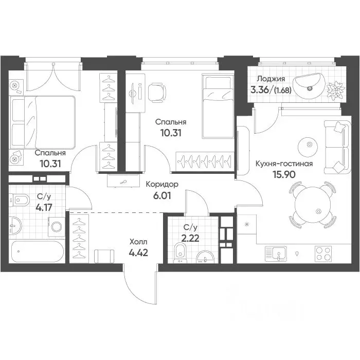 2-к кв. Свердловская область, Екатеринбург бул. Вдохновения, 4 (55.1 ... - Фото 1
