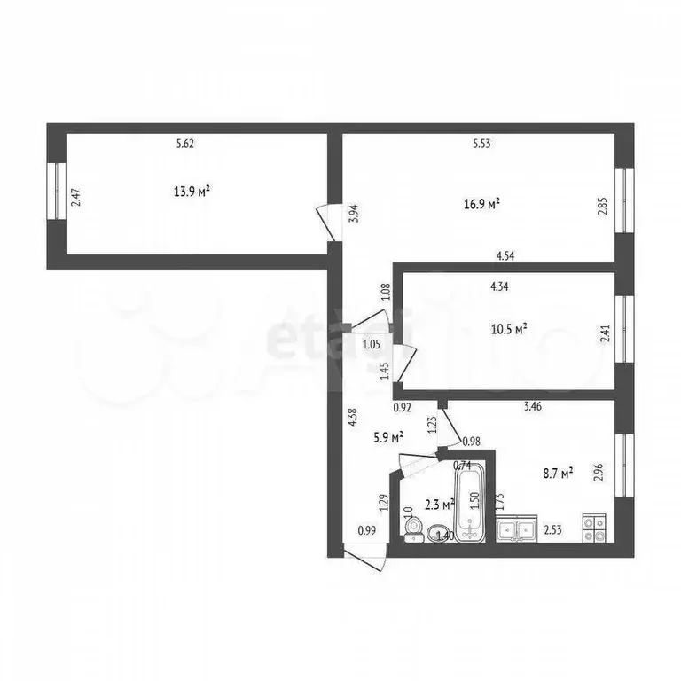 3-к. квартира, 58,2 м, 1/2 эт. - Фото 1