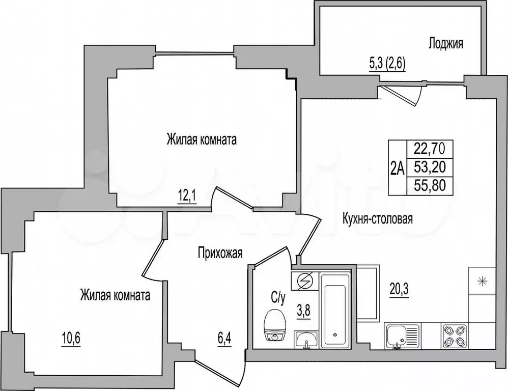 2-к. квартира, 55,8 м, 9/9 эт. - Фото 0