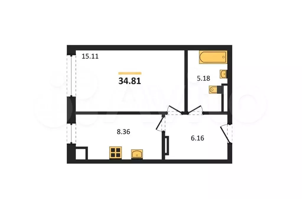1-к. квартира, 34,8 м, 3/4 эт. - Фото 0