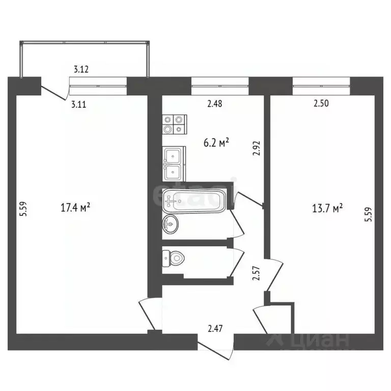 2-к кв. Кемеровская область, Новокузнецк ул. Батюшкова, 7 (44.8 м) - Фото 2