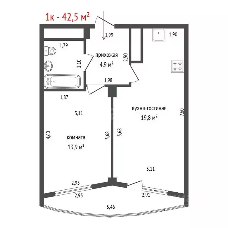 1-к кв. Свердловская область, Екатеринбург ул. Водоемная, 78 (42.5 м) - Фото 2