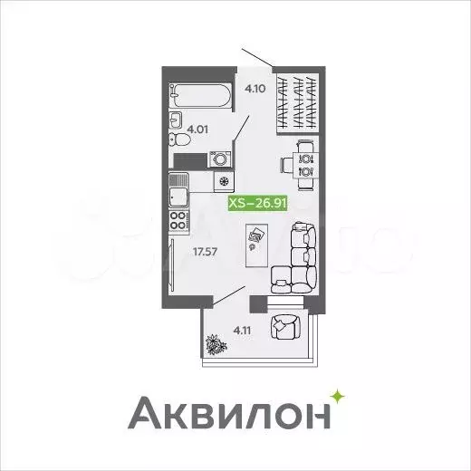 Квартира-студия, 26,9 м, 9/9 эт. - Фото 1