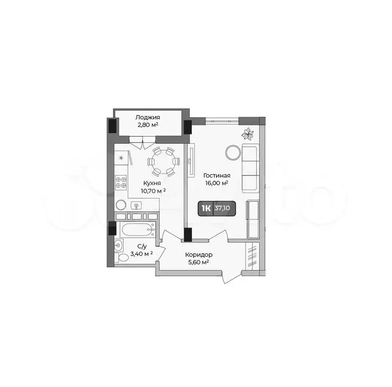 1-к. квартира, 37,1 м, 1/9 эт. - Фото 1