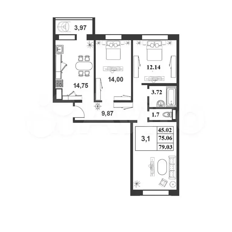 3-к. квартира, 75 м, 6/9 эт. - Фото 0