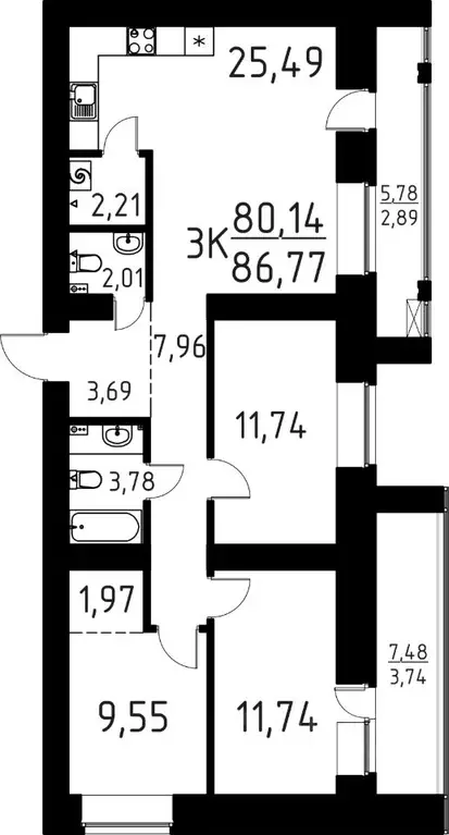 3-к кв. Томская область, Томск ул. Вершинина, 58к1 (86.77 м) - Фото 1