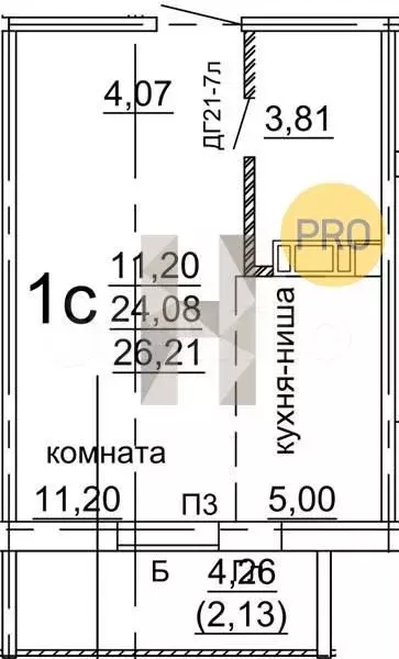 Квартира-студия, 26,2м, 5/10эт. - Фото 1