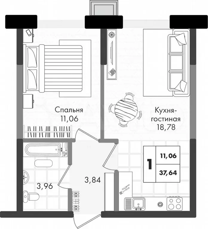 1-к. квартира, 37,6 м, 6/9 эт. - Фото 0