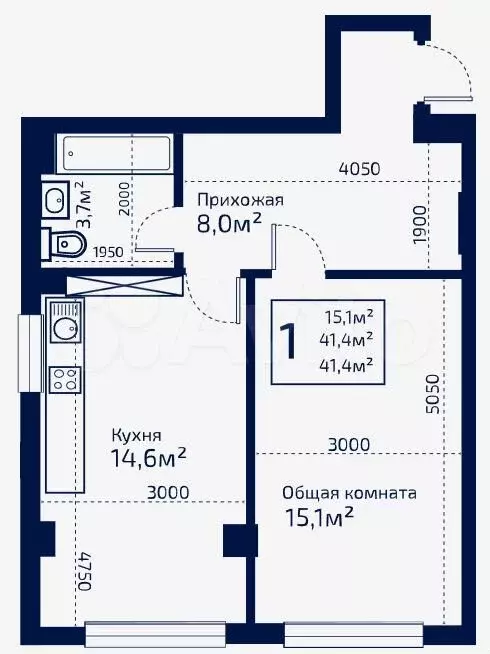 1-к. квартира, 41,4 м, 5/9 эт. - Фото 0