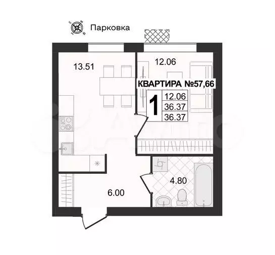 1-к. квартира, 36,4 м, 4/4 эт. - Фото 1