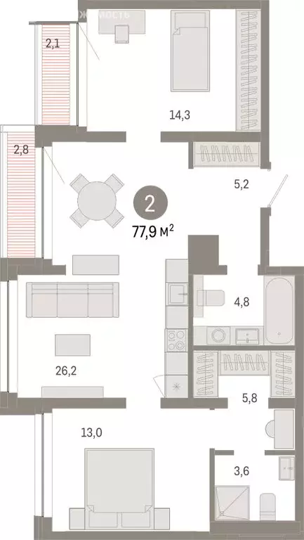 2-комнатная квартира: Тюмень, улица Муравленко, 9/2 (77.94 м) - Фото 1