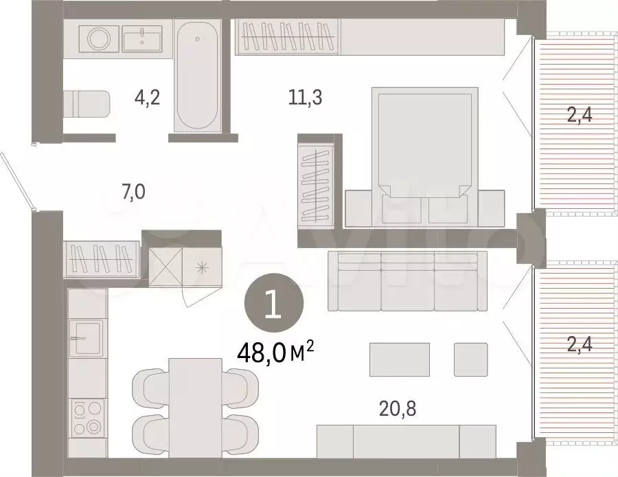 1-к. квартира, 48 м, 2/23 эт. - Фото 1