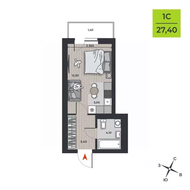 Студия Новосибирская область, Новосибирск ДНК жилой комплекс (28.8 м) - Фото 2
