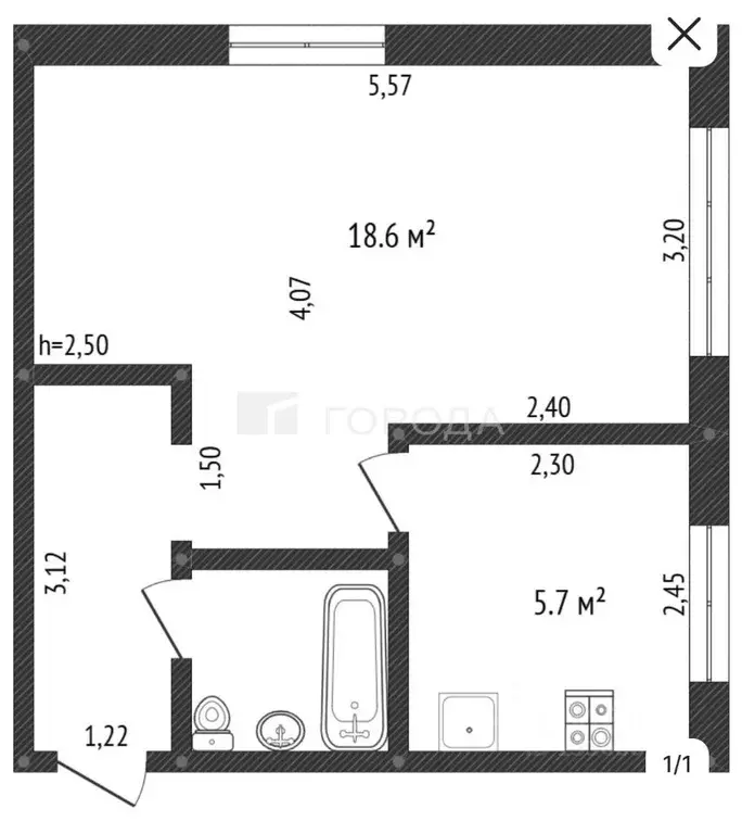 1-к кв. Кемеровская область, Новокузнецк ул. Разведчиков, 58 (30.4 м) - Фото 1