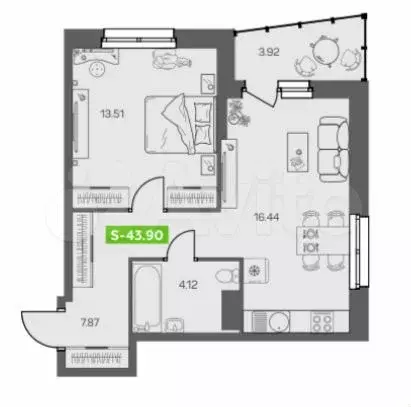 2-к. квартира, 43,9 м, 7/8 эт. - Фото 0