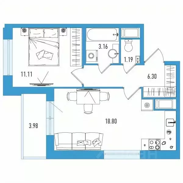 1-к кв. санкт-петербург ул. тельмана, 37 (42.55 м) - Фото 0