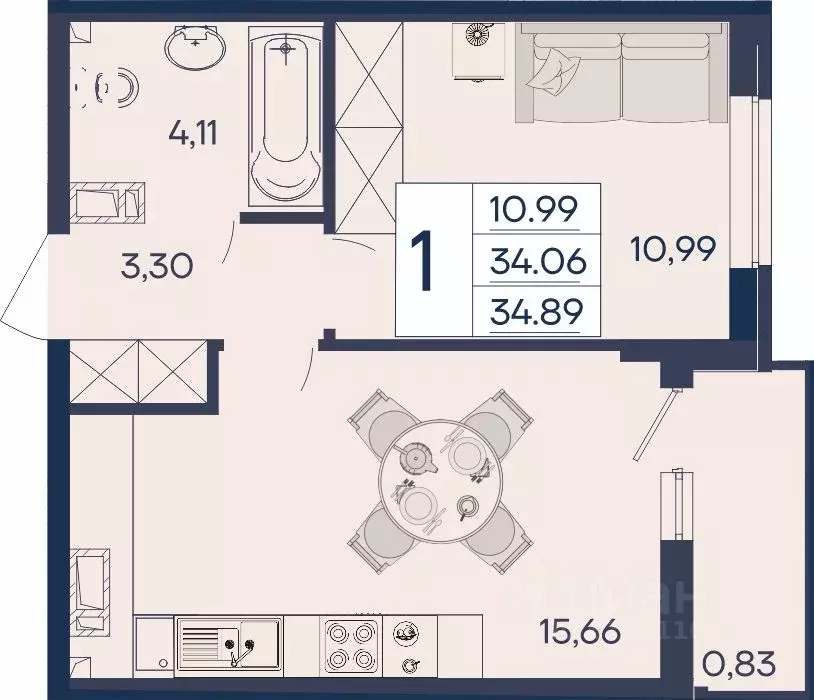 1-к кв. Краснодарский край, Краснодар  (34.89 м) - Фото 1