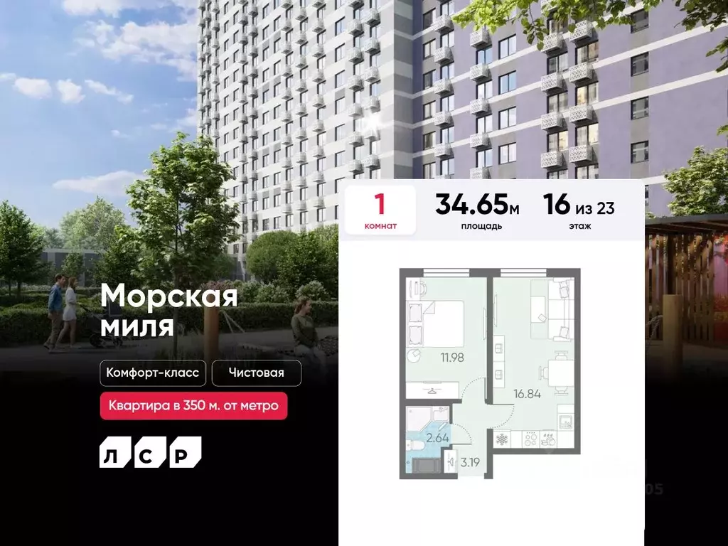 1-к кв. Санкт-Петербург Морская миля жилой комплекс (34.65 м) - Фото 1
