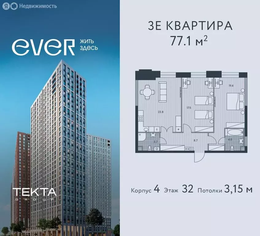 3-комнатная квартира: Москва, жилой комплекс Эвер (77.1 м) - Фото 0