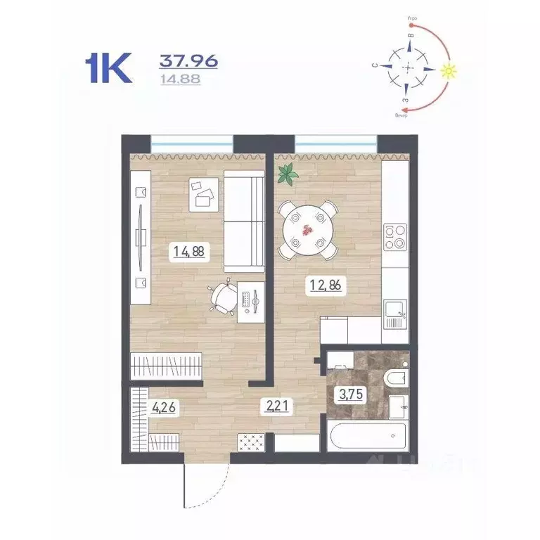 1-к кв. Новосибирская область, Новосибирск ул. Забалуева, с10 (37.96 ... - Фото 1