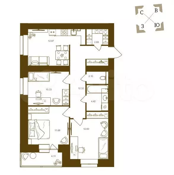 3-к. квартира, 73,4 м, 14/16 эт. - Фото 1