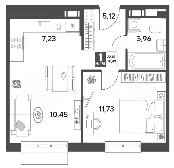 1-к. квартира, 38,5 м, 2/15 эт. - Фото 0