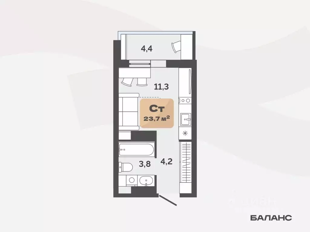 Студия Тюменская область, Тюмень ул. Республики, 204к20 (21.5 м) - Фото 0