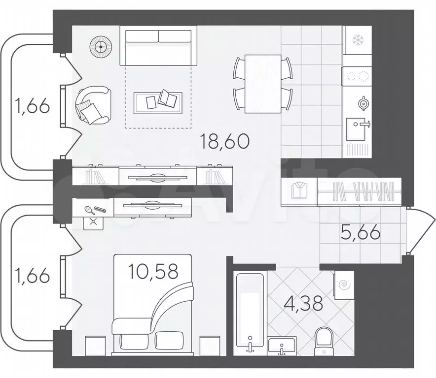 1-к. квартира, 42,5 м, 5/24 эт. - Фото 0