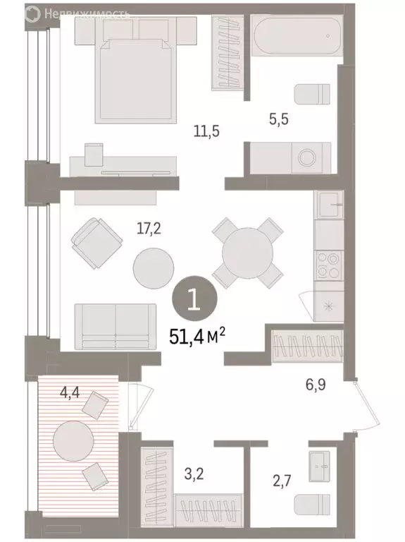 1-комнатная квартира: Тюмень, улица Муравленко, 9/2 (51.41 м) - Фото 1